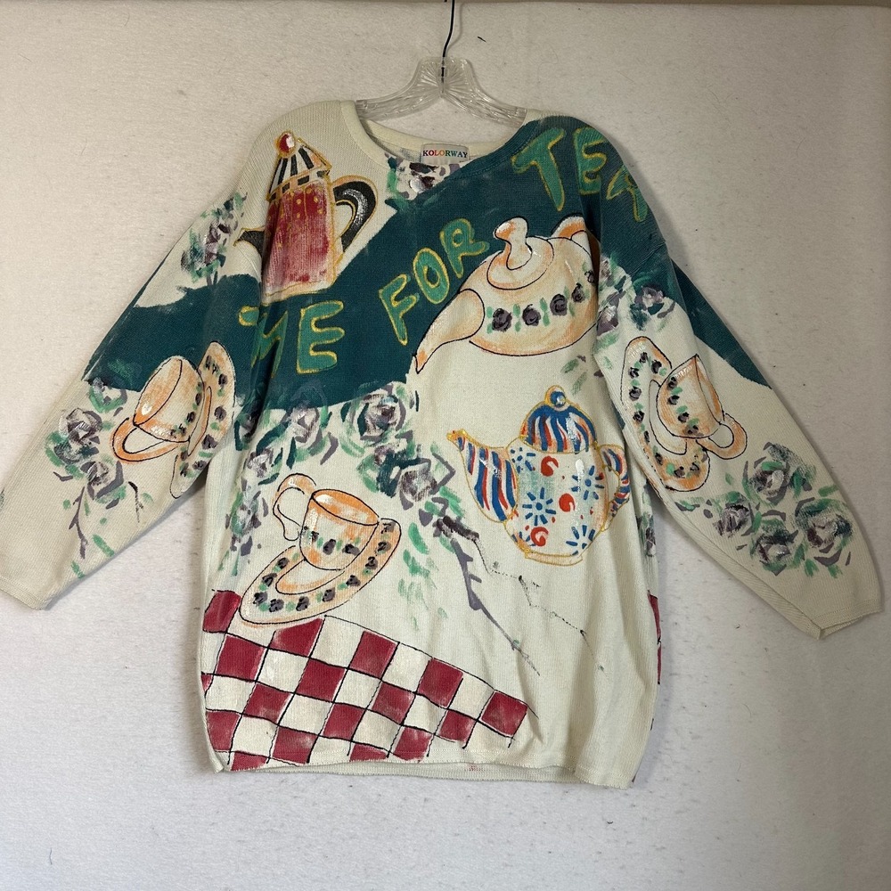 Kolorway‎ Hand Paint sweater Wearable Art Pullover Top time for tea quirky sz XL